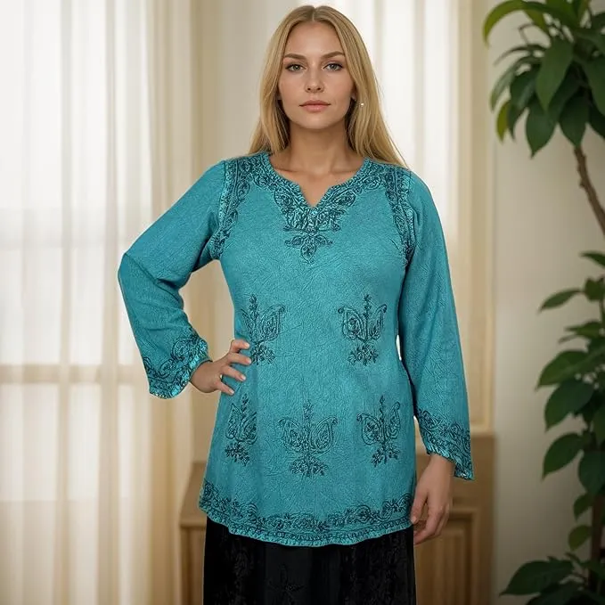 127 B Diamond Neck Embroidered Rayon Renaissance Top Blouse