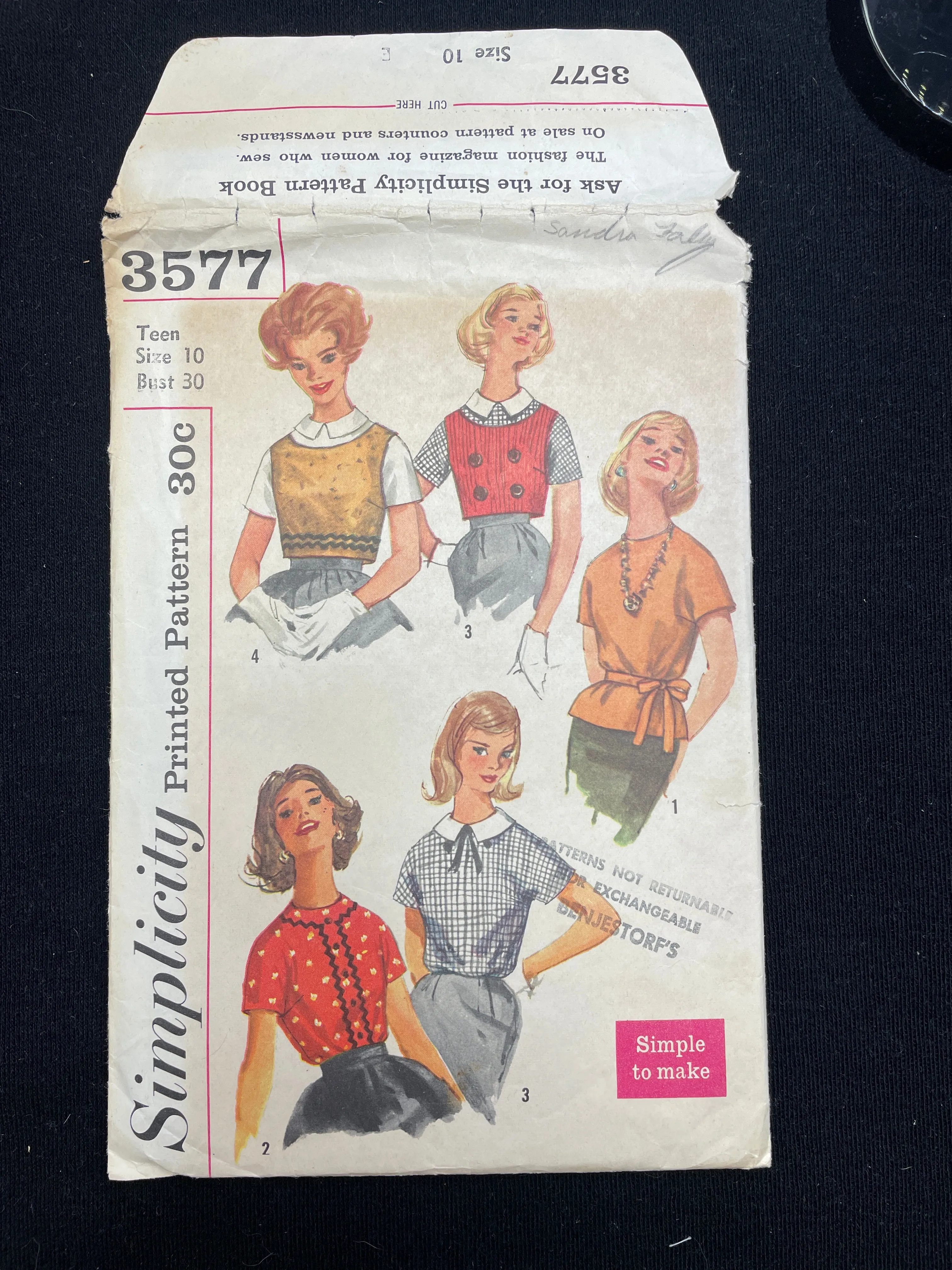 1960's Simplicity 3577 Sewing Pattern - Teen's Blouses