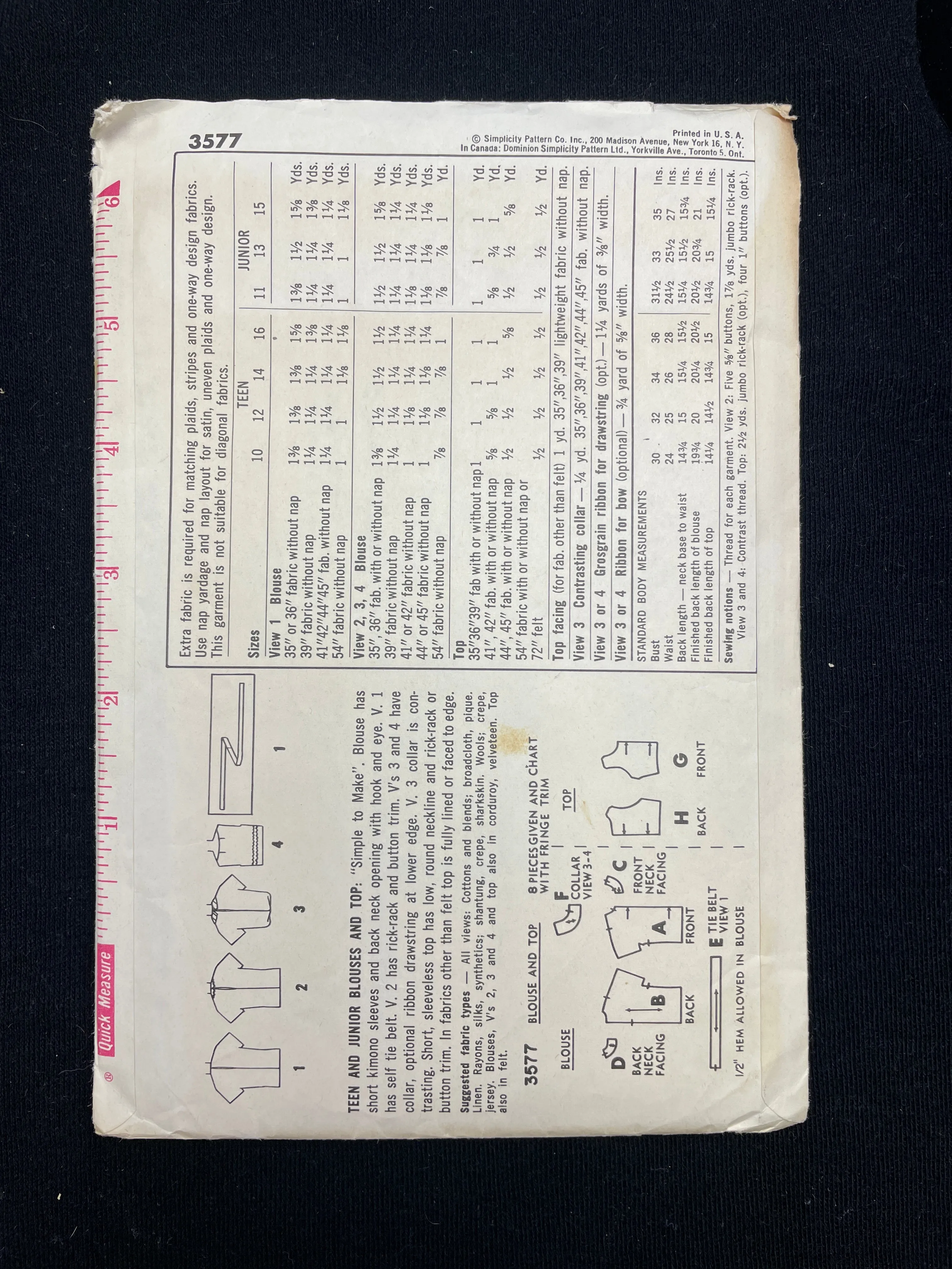 1960's Simplicity 3577 Sewing Pattern - Teen's Blouses