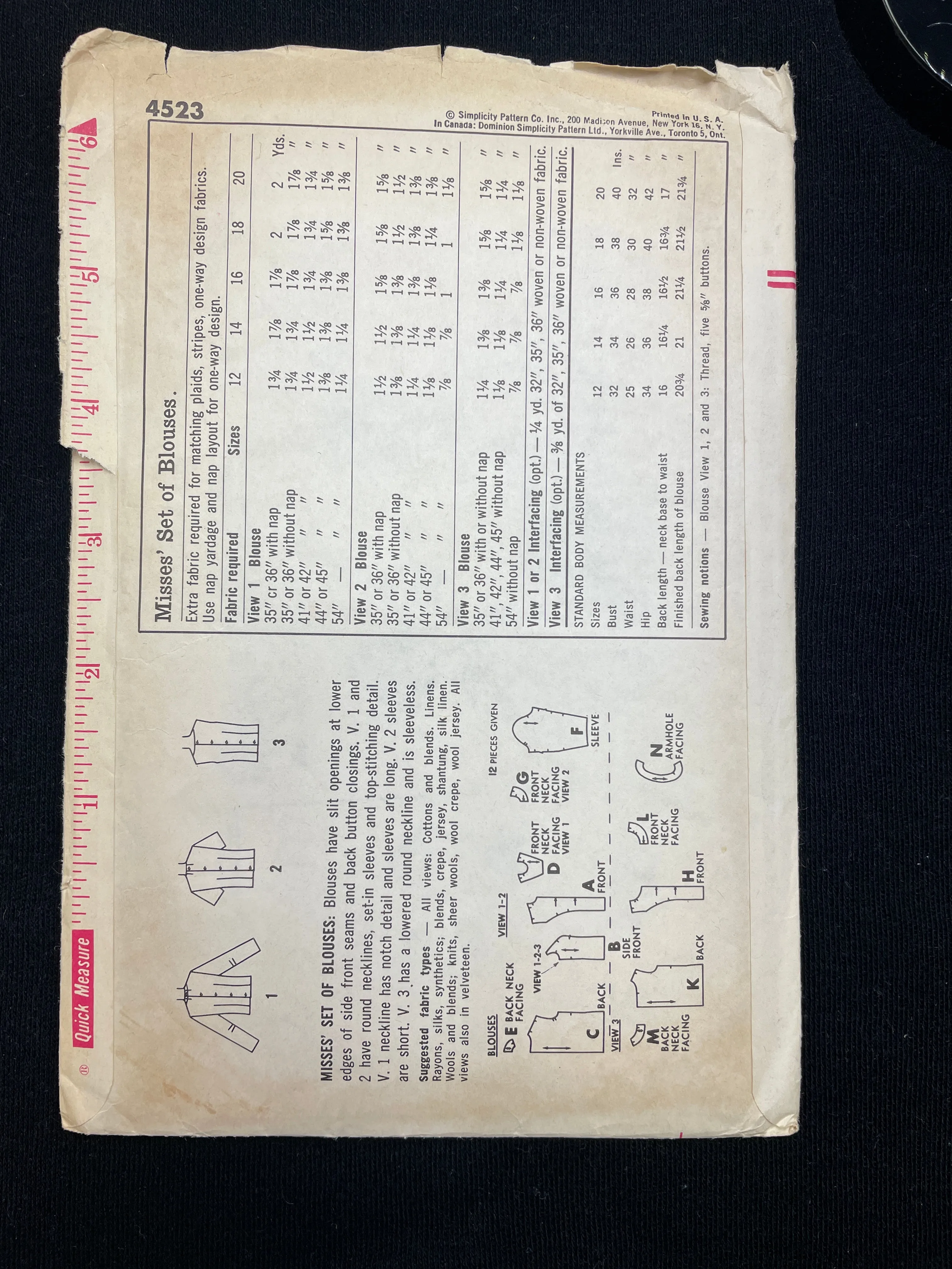 1960's Simplicity 4523 Sewing Pattern - Blouses