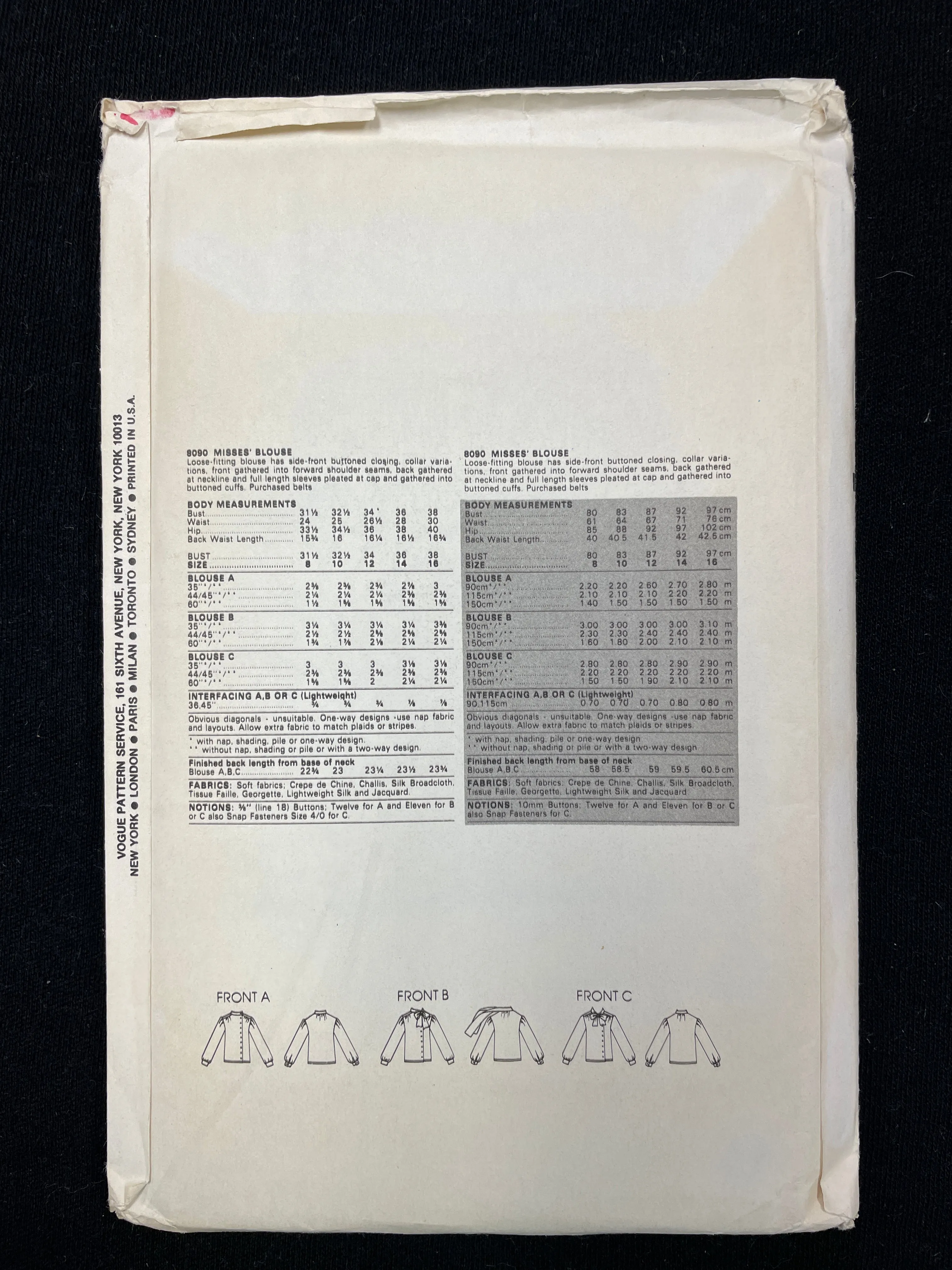 1980's Vogue 8090 Pattern - Blouses FACTORY FOLDED