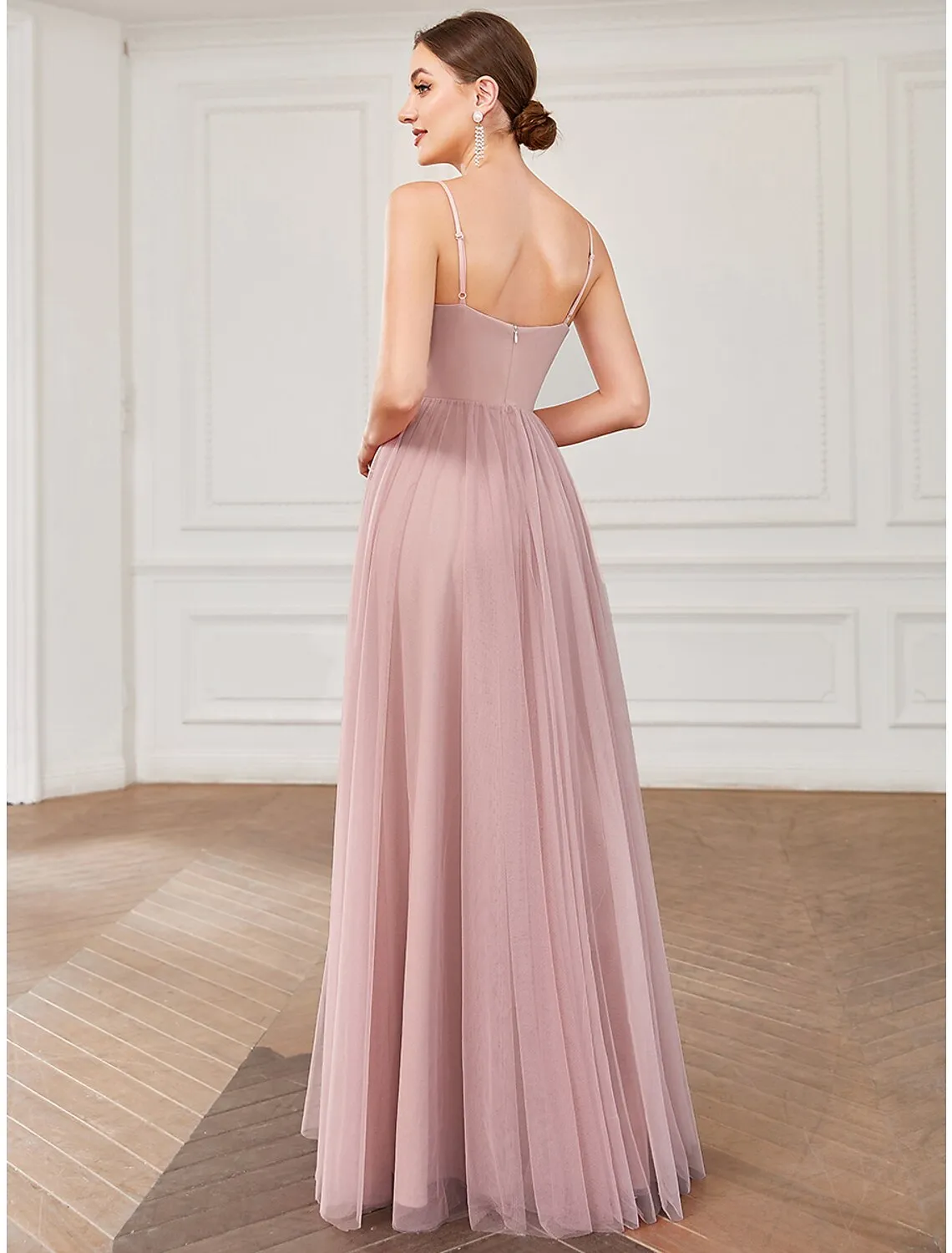 A-Line Prom Dresses Vintage Dress Wedding Guest Floor Length Sleeveless V Neck Tulle V Back with Pleats