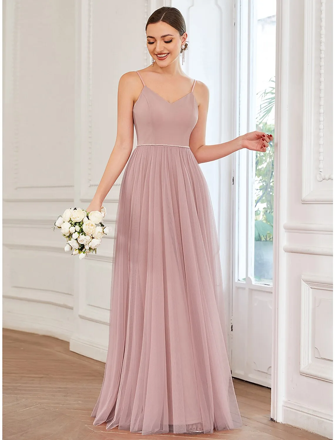 A-Line Prom Dresses Vintage Dress Wedding Guest Floor Length Sleeveless V Neck Tulle V Back with Pleats