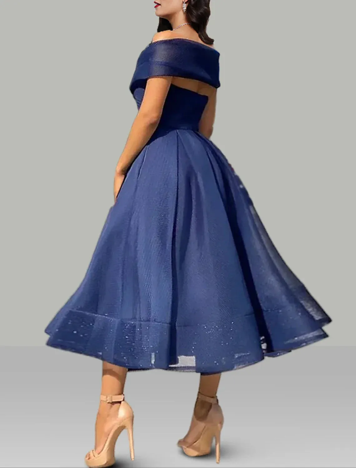 A-Line Prom Dresses Vintage Dress Wedding Guest Summer Tea Length Sleeveless Off Shoulder Organza Backless with Ruched Cocktail Dress