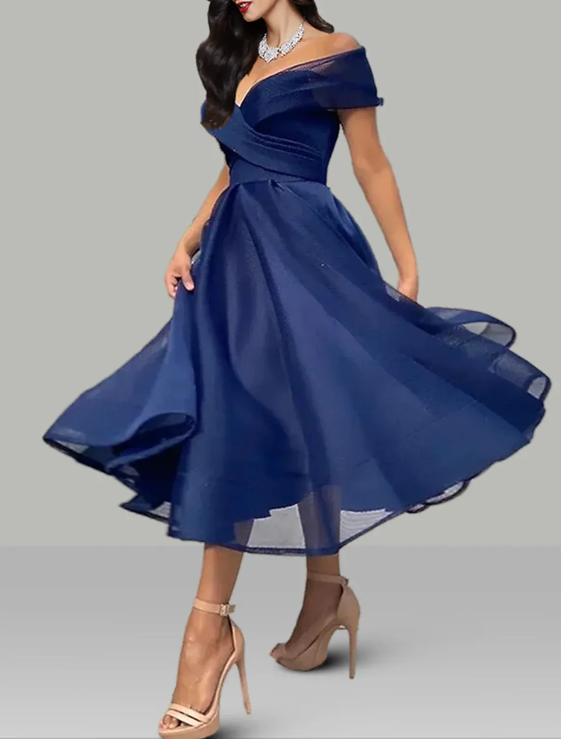 A-Line Prom Dresses Vintage Dress Wedding Guest Summer Tea Length Sleeveless Off Shoulder Organza Backless with Ruched Cocktail Dress