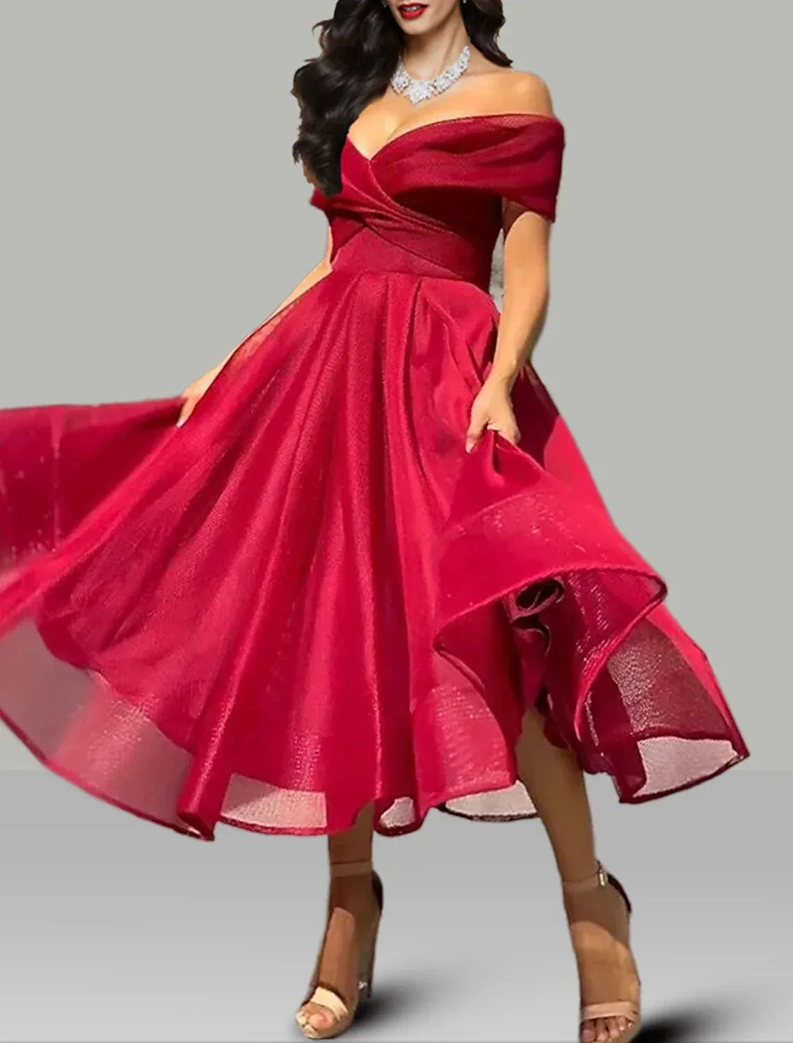 A-Line Prom Dresses Vintage Dress Wedding Guest Summer Tea Length Sleeveless Off Shoulder Organza Backless with Ruched Cocktail Dress