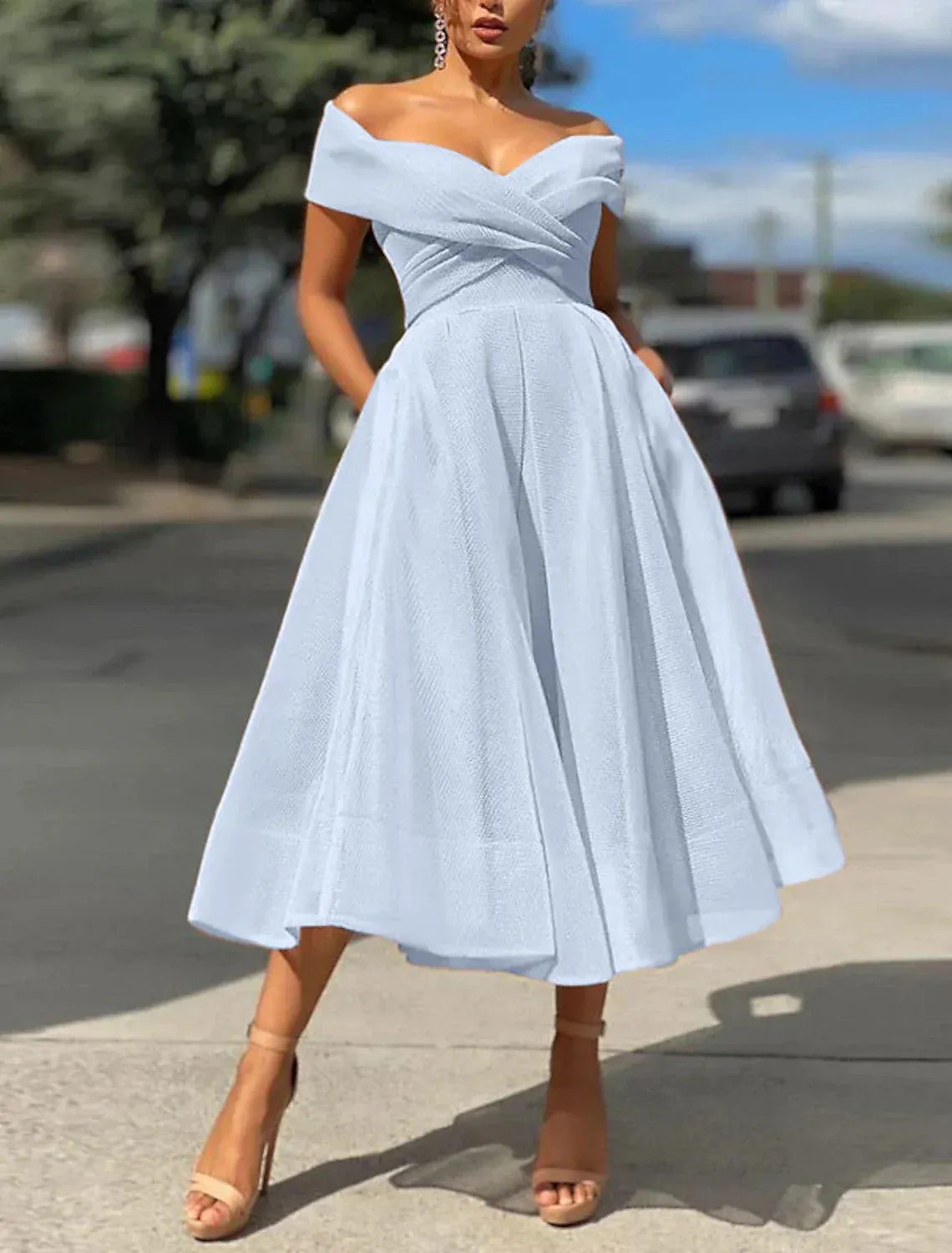 A-Line Prom Dresses Vintage Dress Wedding Guest Summer Tea Length Sleeveless Off Shoulder Organza Backless with Ruched Cocktail Dress