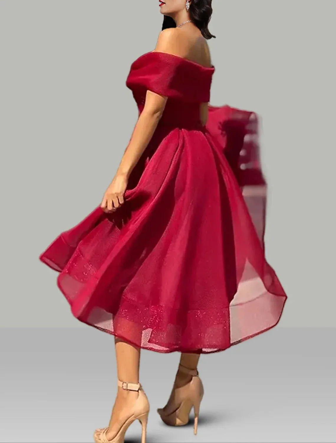 A-Line Prom Dresses Vintage Dress Wedding Guest Summer Tea Length Sleeveless Off Shoulder Organza Backless with Ruched Cocktail Dress