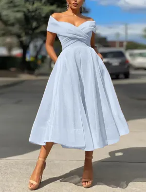 A-Line Prom Dresses Vintage Dress Wedding Guest Summer Tea Length Sleeveless Off Shoulder Organza Backless with Ruched Cocktail Dress
