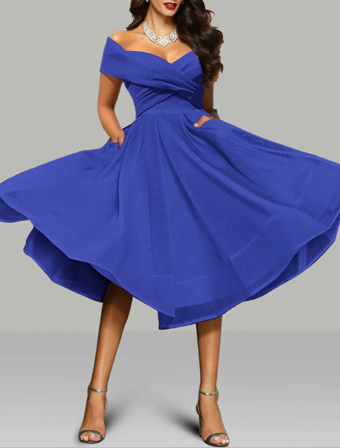 A-Line Prom Dresses Vintage Dress Wedding Guest Summer Tea Length Sleeveless Off Shoulder Organza Backless with Ruched Cocktail Dress
