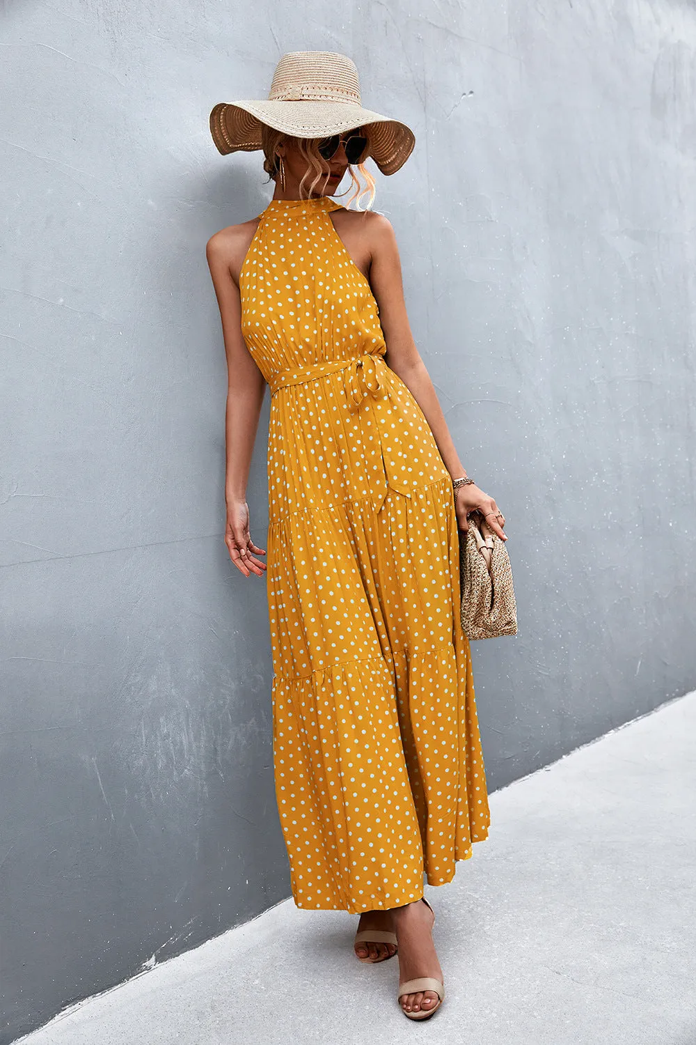 Botanical Printed Sleeveless Tie Waist Maxi Dress
