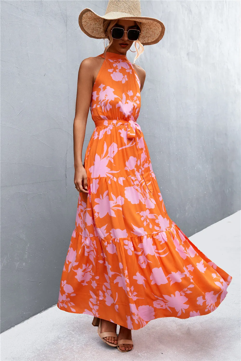 Botanical Printed Sleeveless Tie Waist Maxi Dress