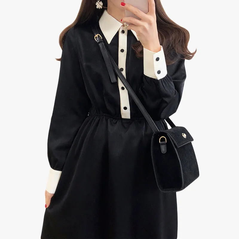 Dark Academia Black Dress Knee Long