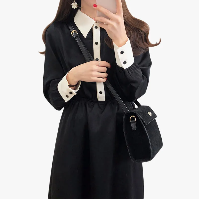 Dark Academia Black Dress Knee Long