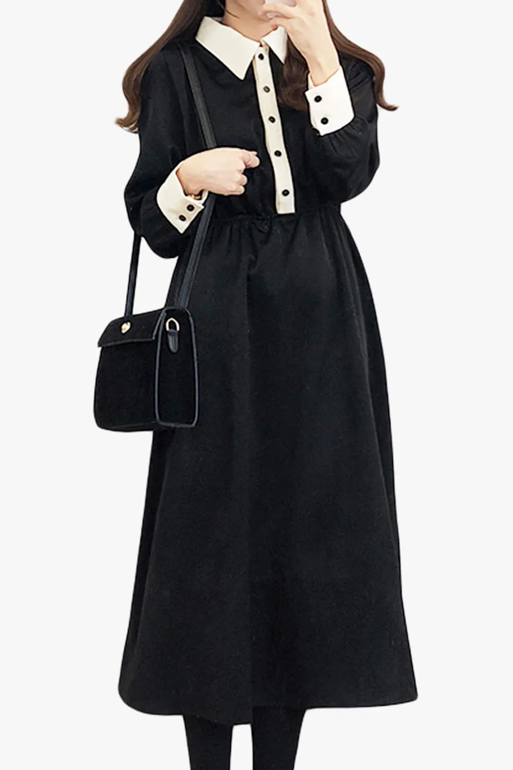 Dark Academia Black Dress Knee Long