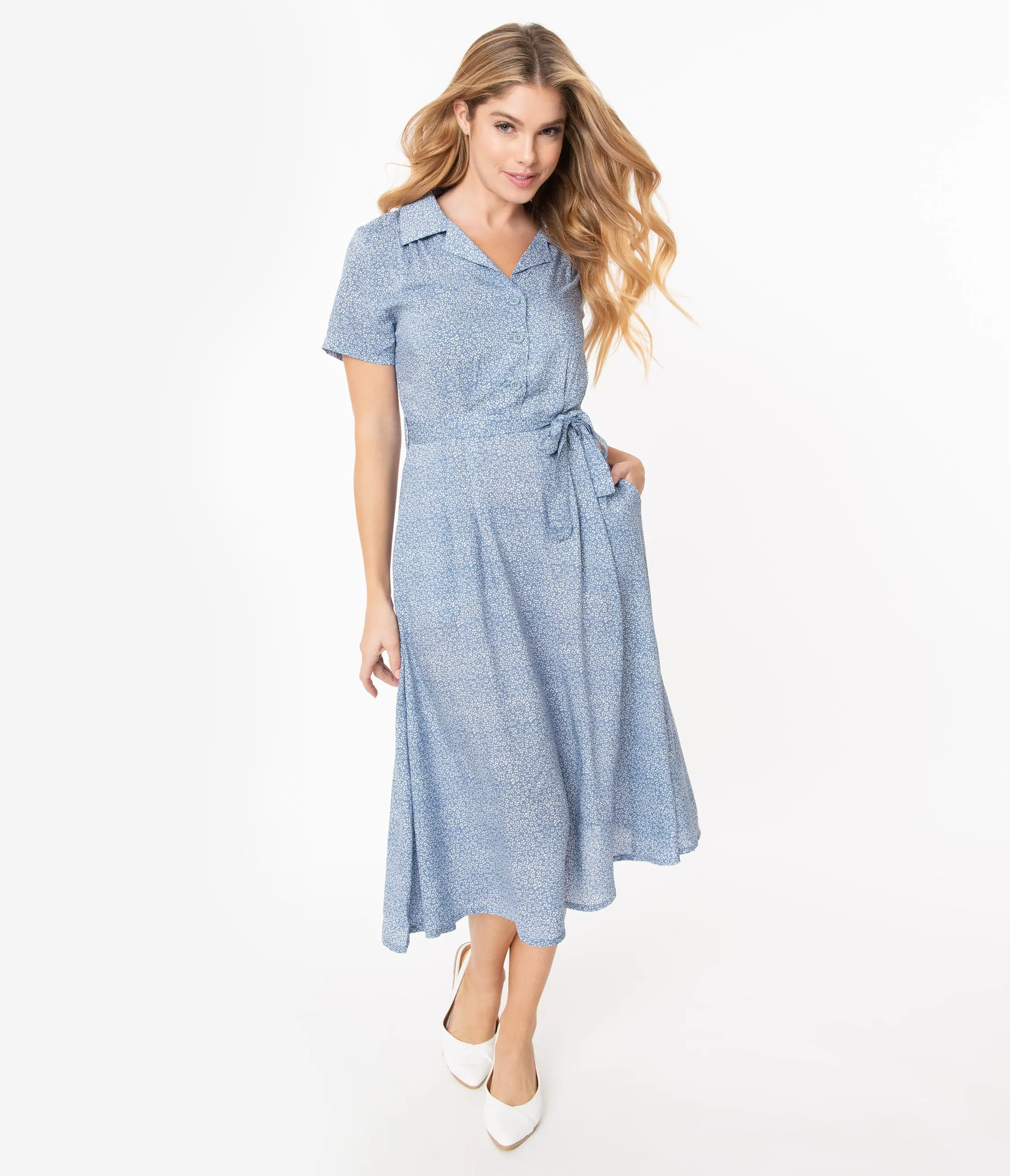 Dusty Blue & White Floral Print Midi Dress