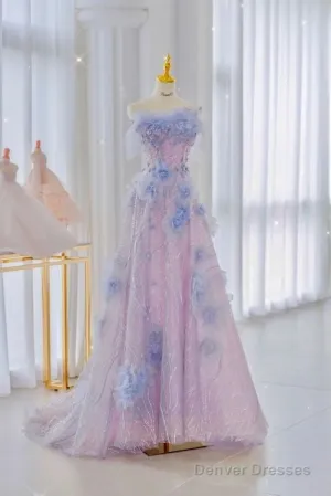 Elegant A Line Strapless Tulle Floral Prom Dress