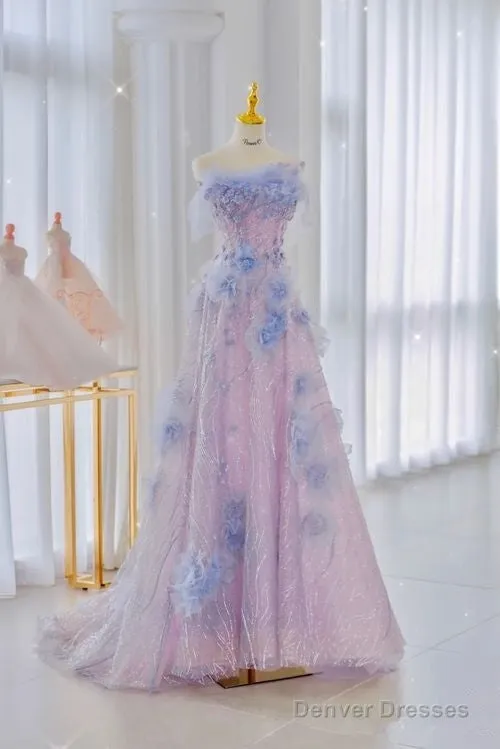 Elegant A Line Strapless Tulle Floral Prom Dress