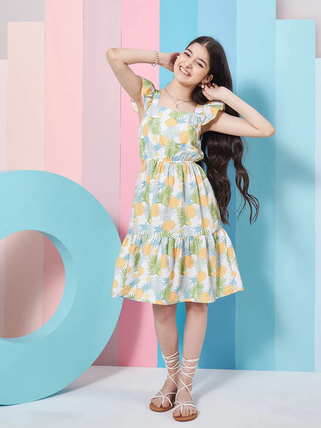 Girls Floral Print Square Neck Flutter Sleeves Fit Flare Dress - PS Peaches