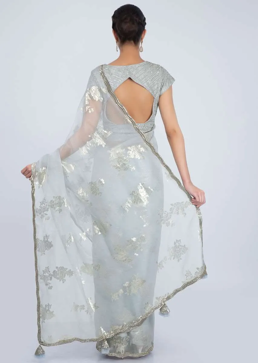 Grey Organza Saree With Silver Weaved Butti Online - Kalki Fashion