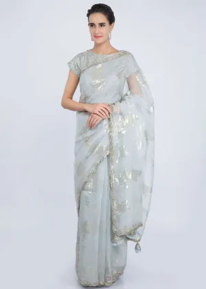 Grey Organza Saree With Silver Weaved Butti Online - Kalki Fashion