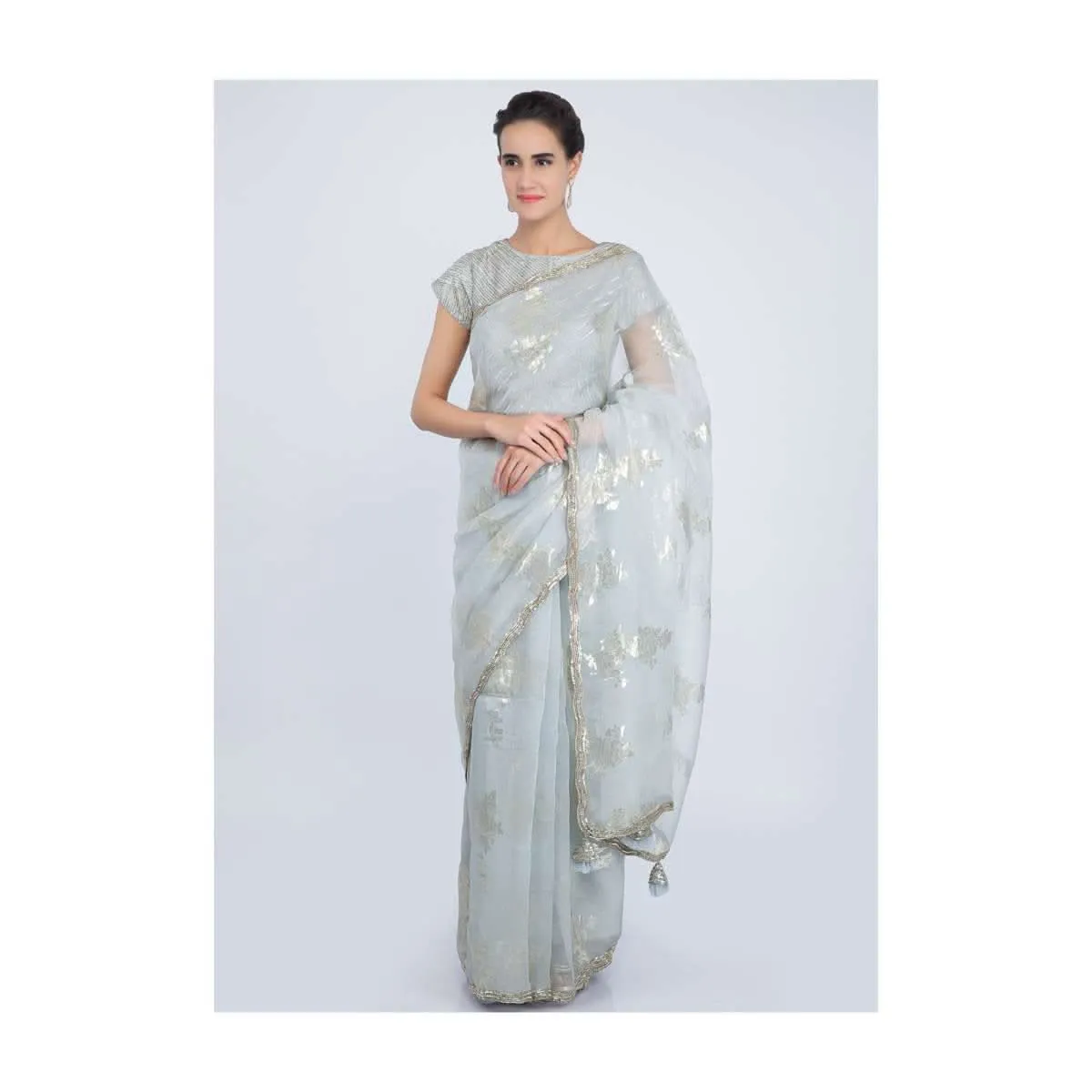 Grey Organza Saree With Silver Weaved Butti Online - Kalki Fashion