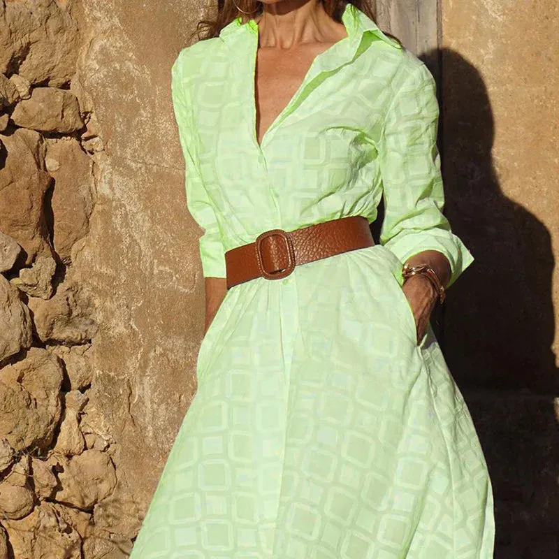 Long Sleeve Party All Match Button Slit Office Fashion Slim Lapel Collar Floral Geometric Dress
