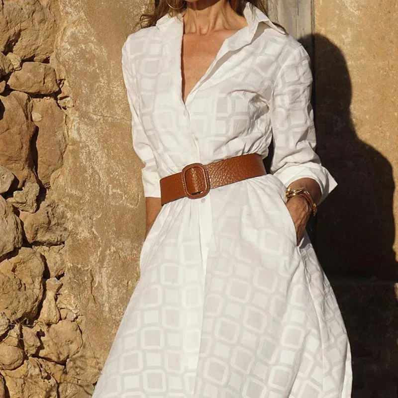Long Sleeve Party All Match Button Slit Office Fashion Slim Lapel Collar Floral Geometric Dress
