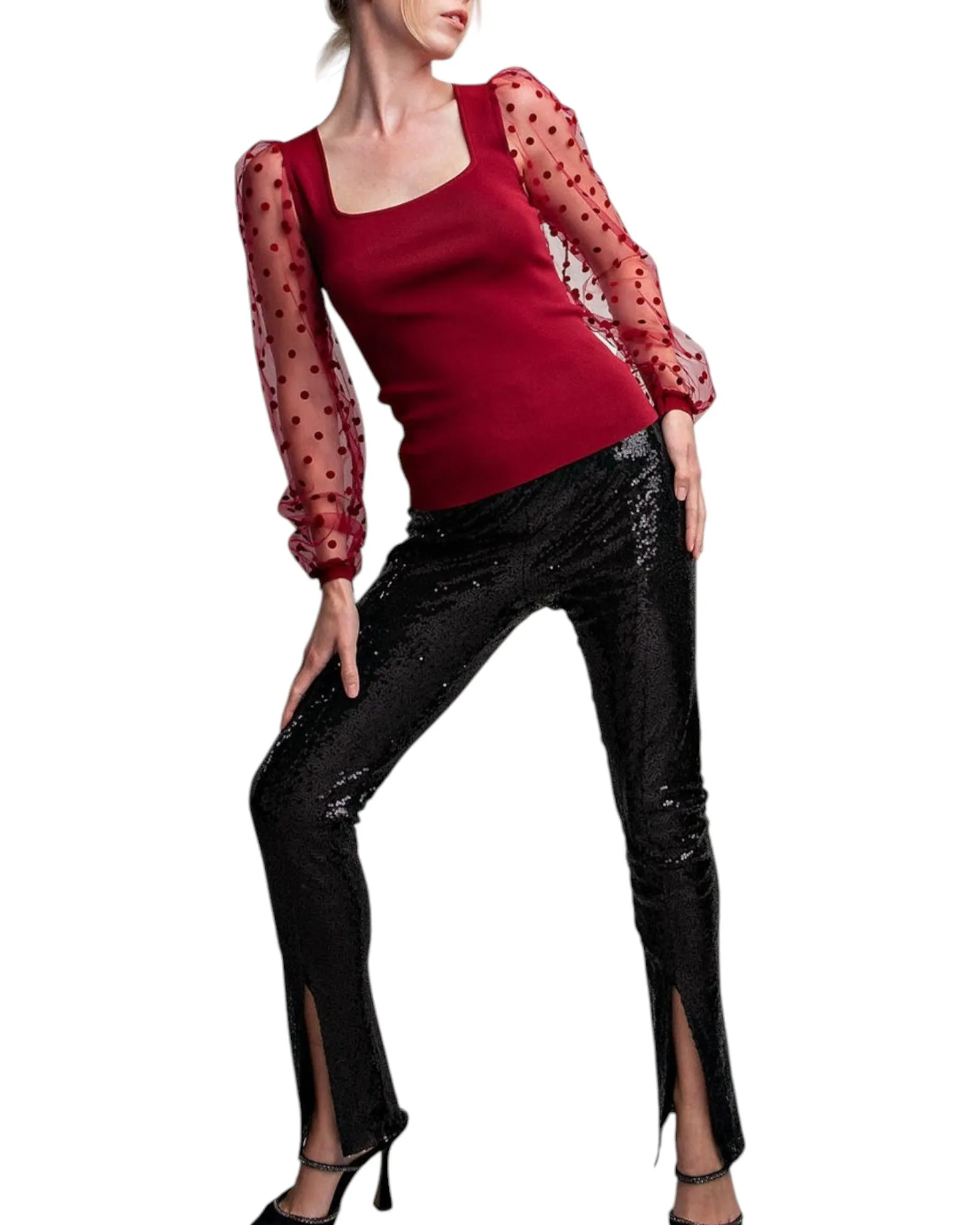 Merlot Polka Dot Sheer Long Sleeve Top