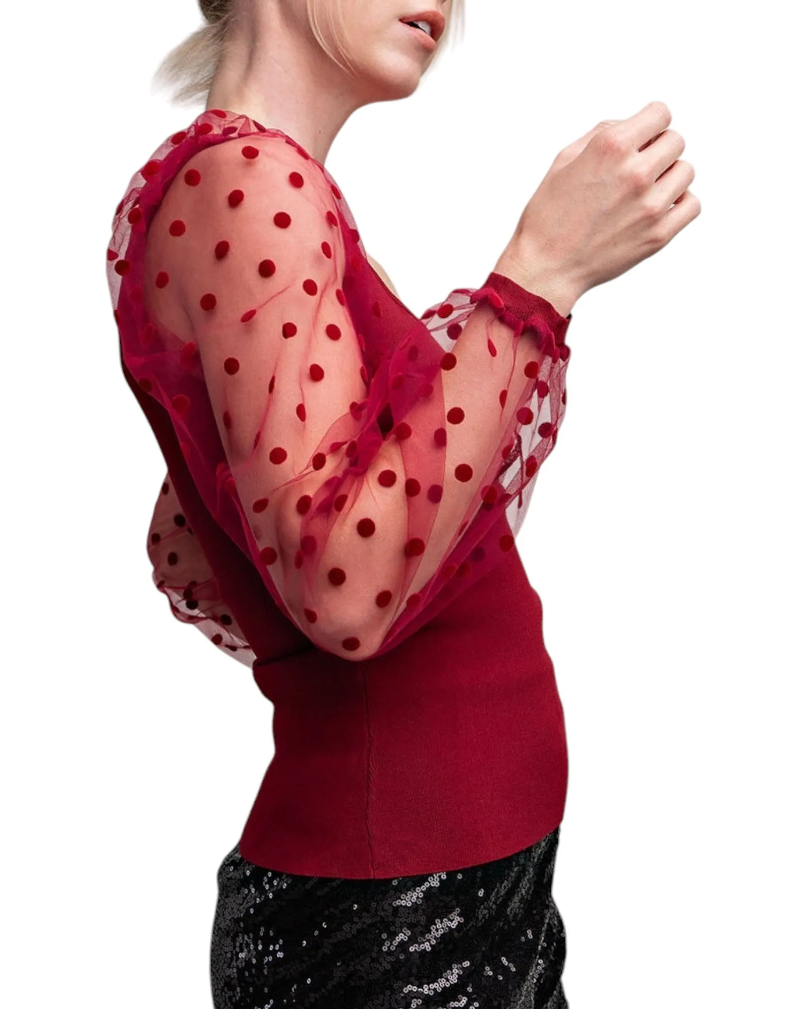 Merlot Polka Dot Sheer Long Sleeve Top