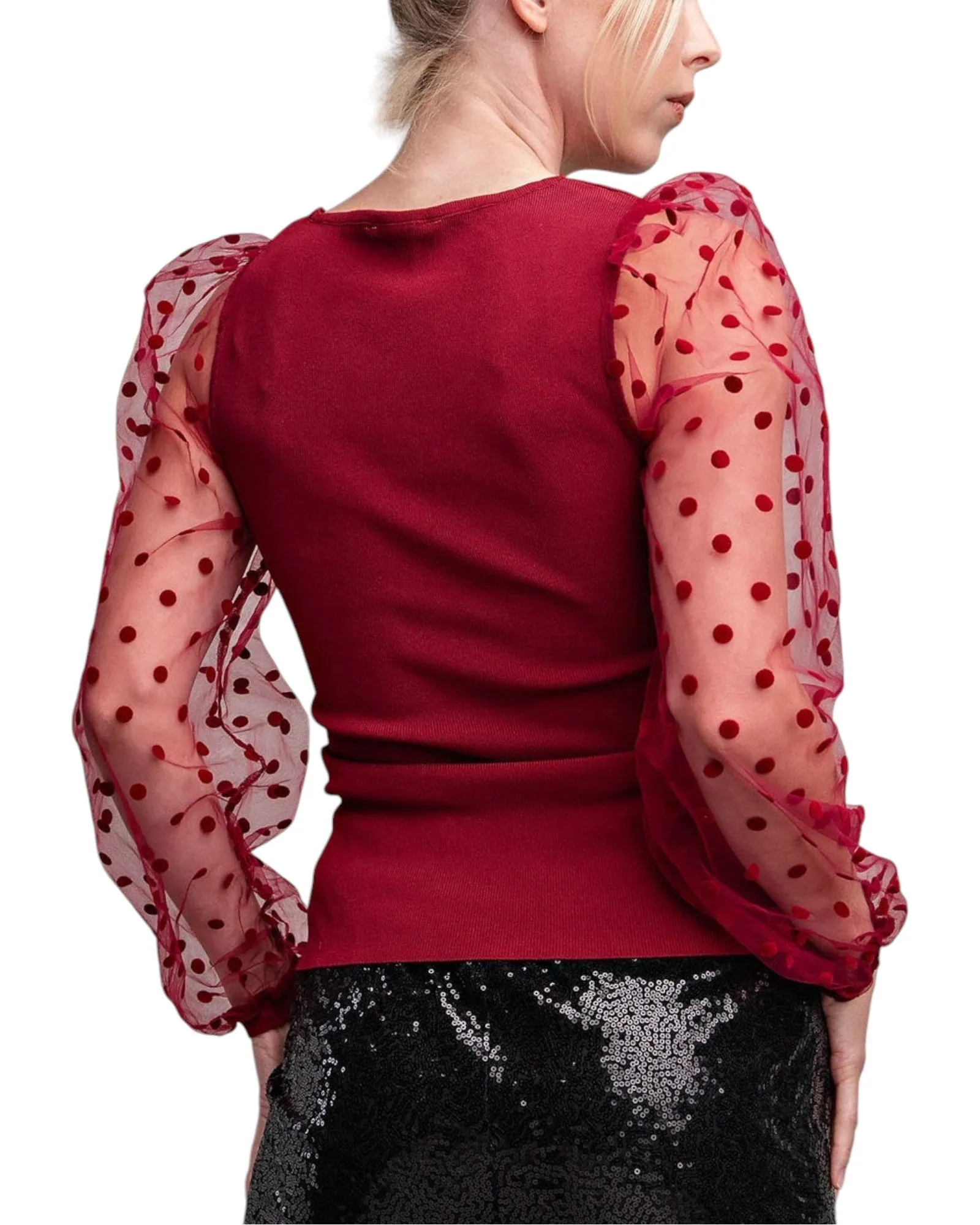 Merlot Polka Dot Sheer Long Sleeve Top