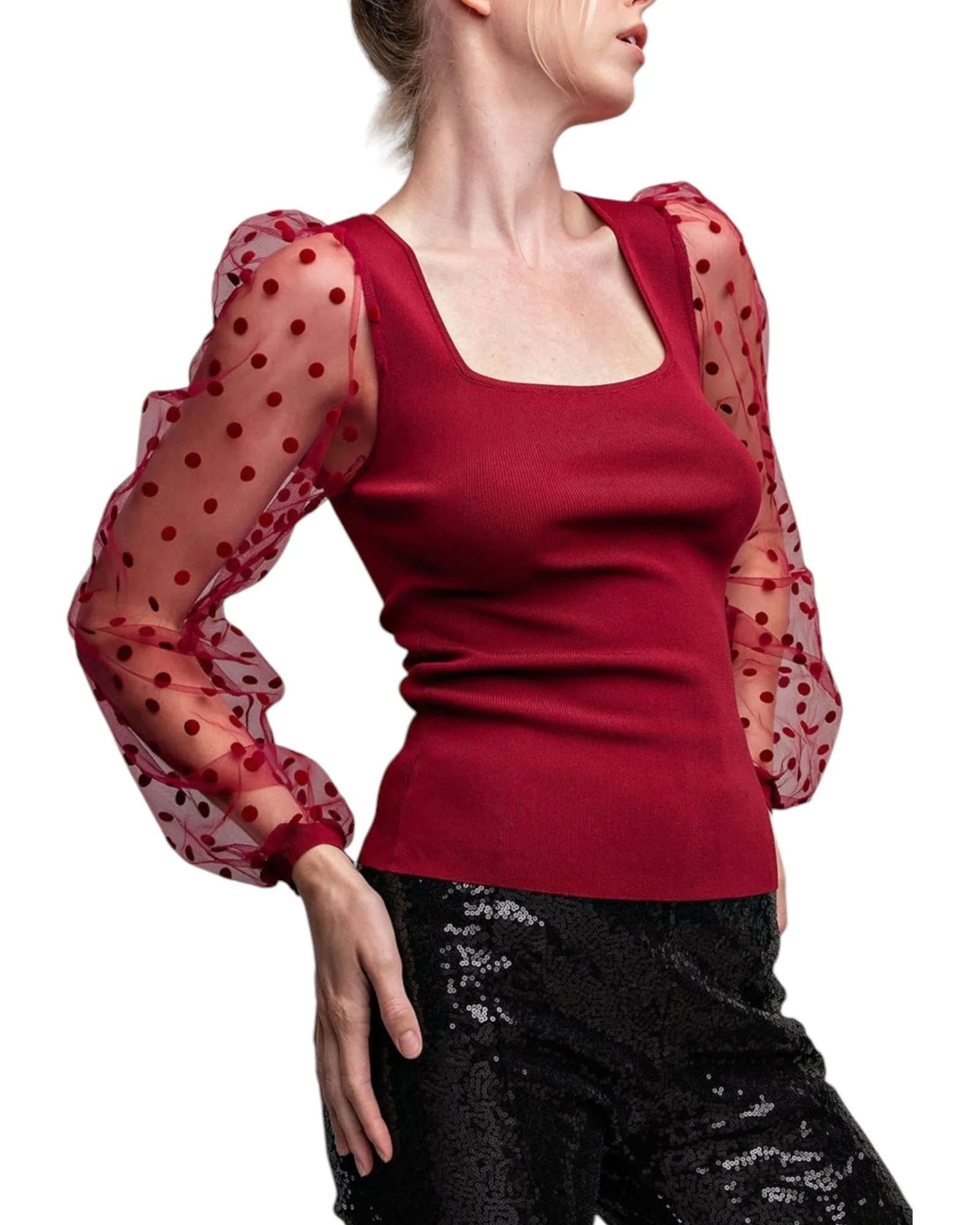 Merlot Polka Dot Sheer Long Sleeve Top