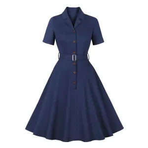 Notched Collar Single Breasted Solid Color Vintage Dress, Short Sleeve Belted Formal Elegant Women Cotton Retro Dress
