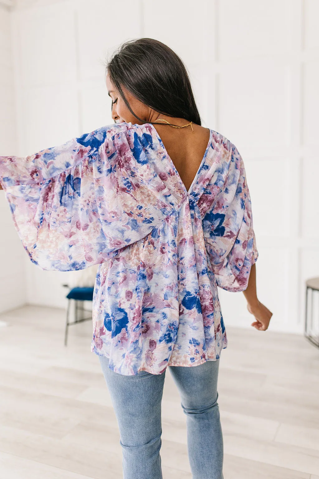 ONLINE EXCLUSIVE Fabled in Floral Draped Peplum Top in Blue