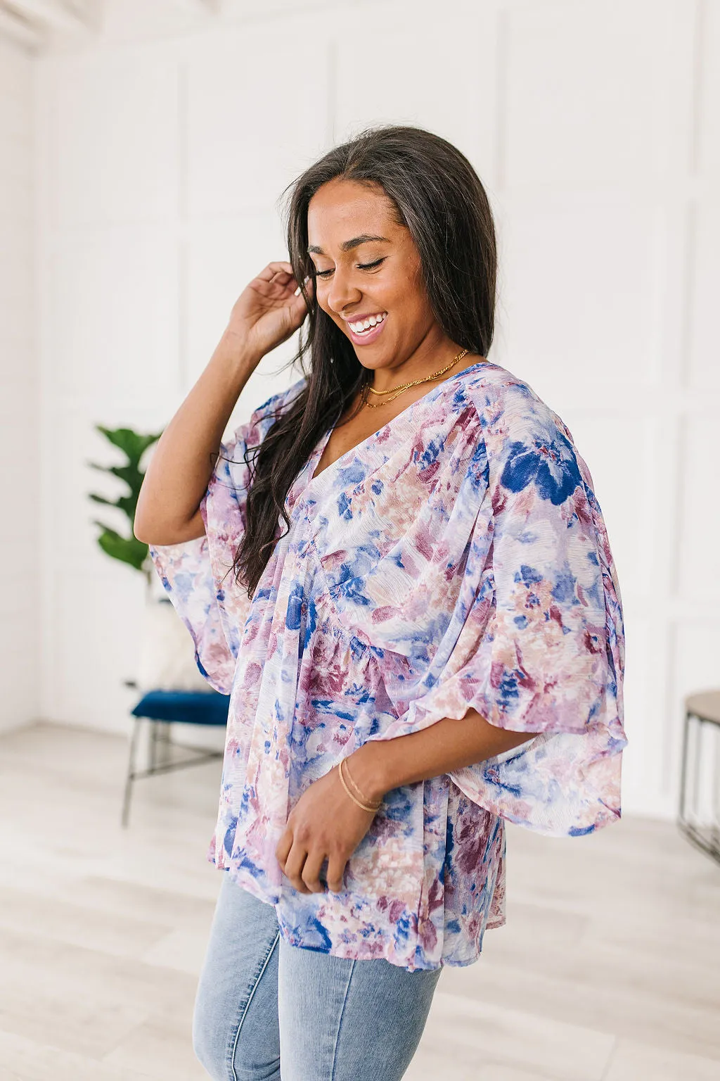 ONLINE EXCLUSIVE Fabled in Floral Draped Peplum Top in Blue