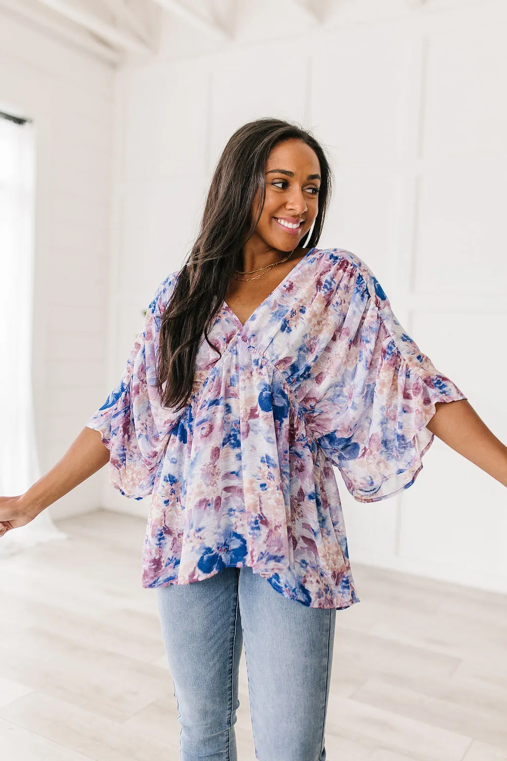 ONLINE EXCLUSIVE Fabled in Floral Draped Peplum Top in Blue