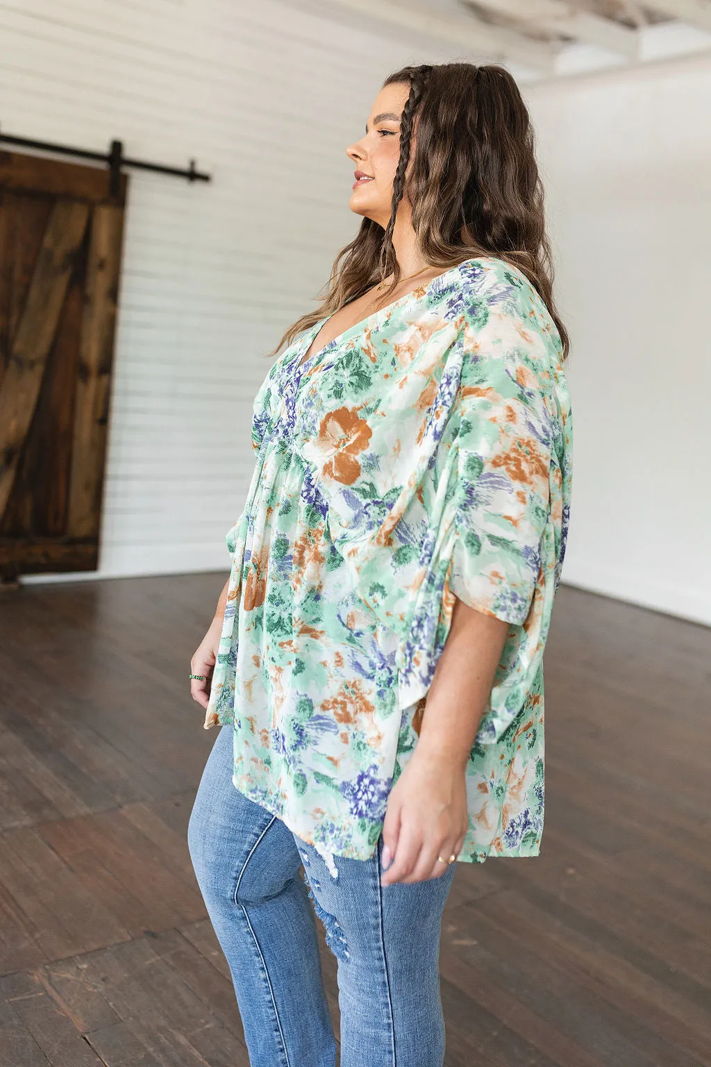 ONLINE EXCLUSIVE Fabled in Floral Draped Peplum Top in Ivory