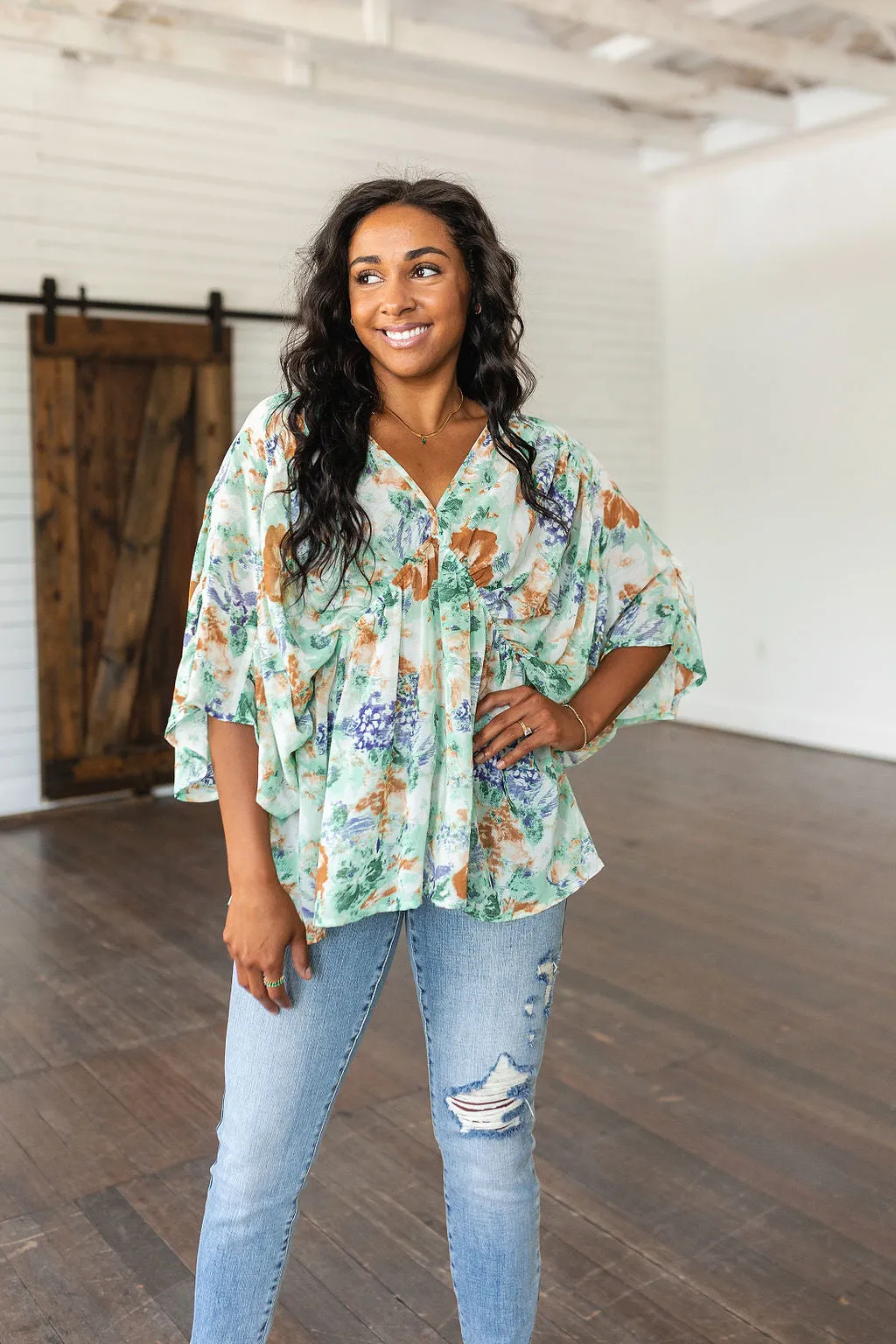 ONLINE EXCLUSIVE Fabled in Floral Draped Peplum Top in Ivory