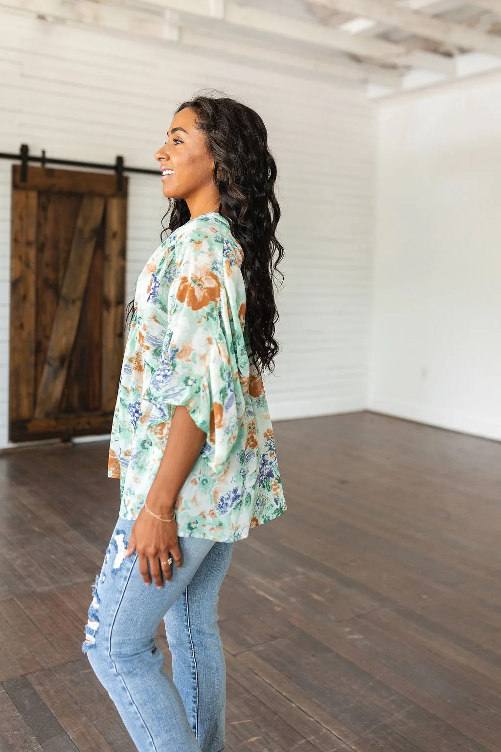 ONLINE EXCLUSIVE Fabled in Floral Draped Peplum Top in Ivory