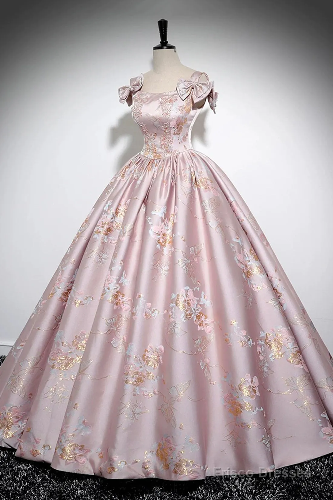 Pink Floral Satin Long Prom Dress, Beautiful A-Line Evening Dress With Bow