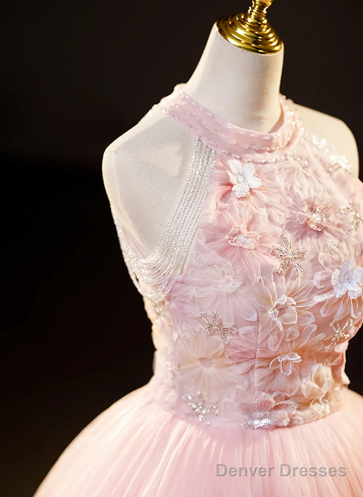 Pink Tulle Long Formal Dress With Floral Lace, Pink Halter Tulle Sweet 16 Dress