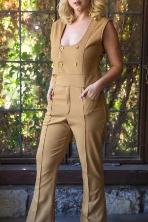Vintage 1970s Khaki Flare Leg Jumpsuit - Medium