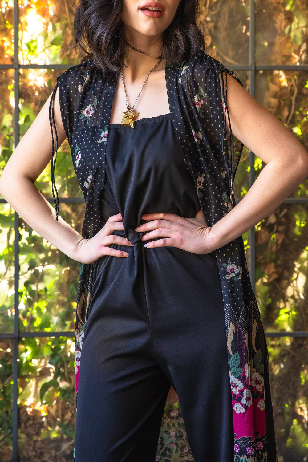 Vintage 1980s Black Thin Strap Jumpsuit with Sheer Floral Cover Up - Medium