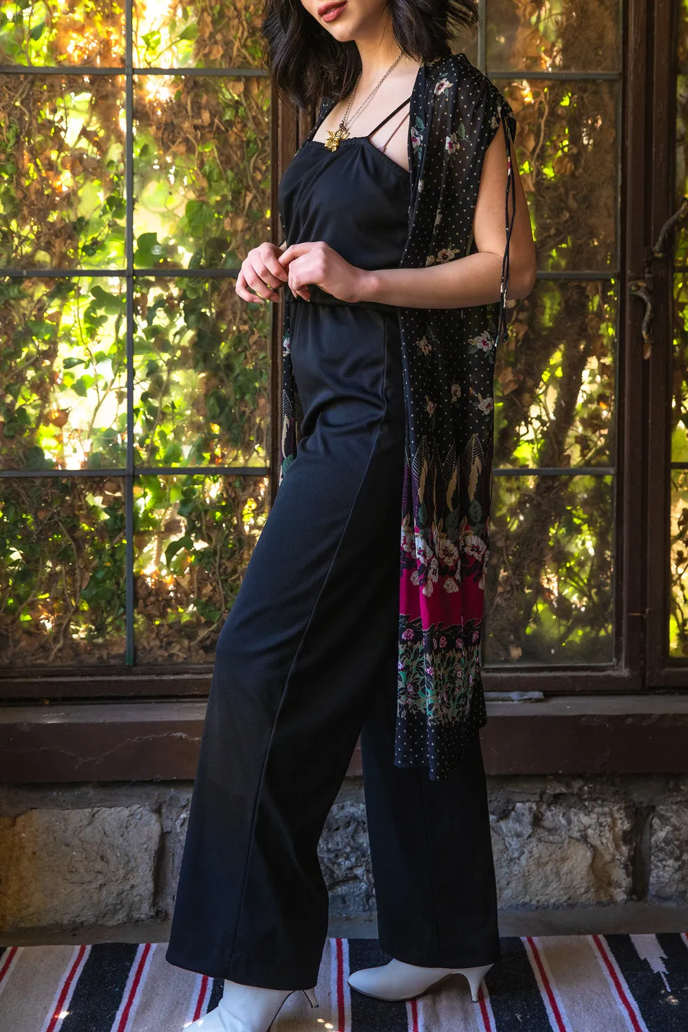 Vintage 1980s Black Thin Strap Jumpsuit with Sheer Floral Cover Up - Medium