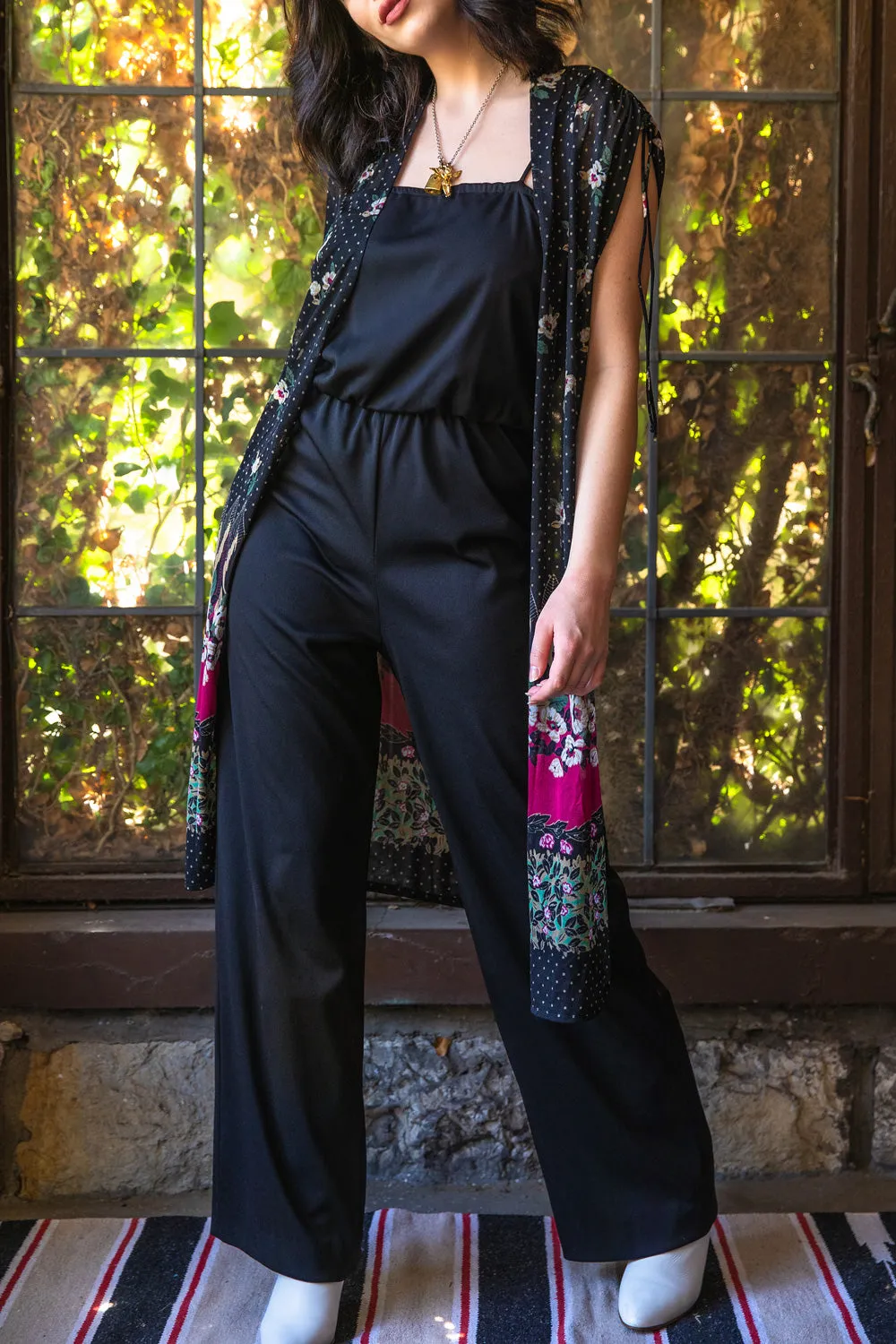 Vintage 1980s Black Thin Strap Jumpsuit with Sheer Floral Cover Up - Medium