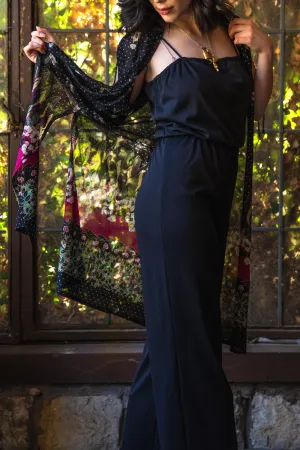 Vintage 1980s Black Thin Strap Jumpsuit with Sheer Floral Cover Up - Medium