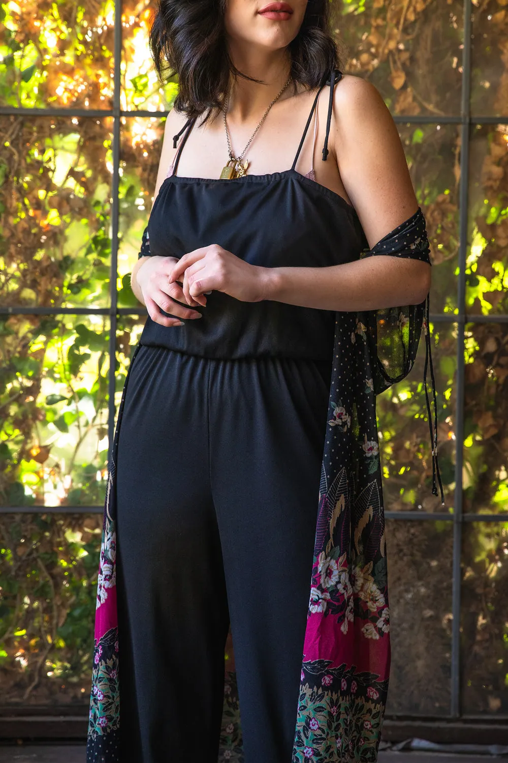 Vintage 1980s Black Thin Strap Jumpsuit with Sheer Floral Cover Up - Medium