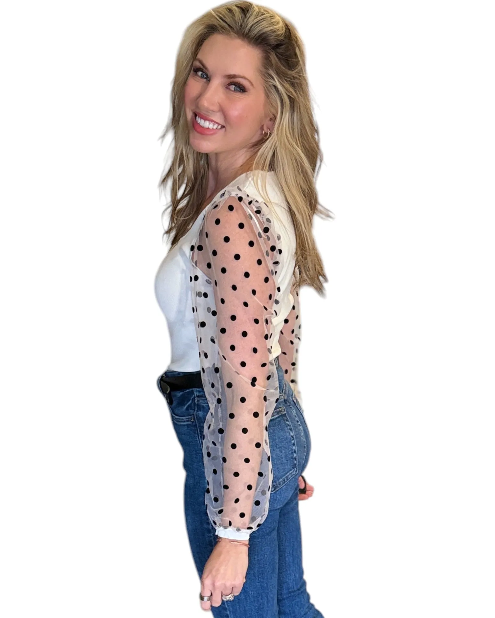 White and Black Polka Dot Sheer Long Sleeve Top
